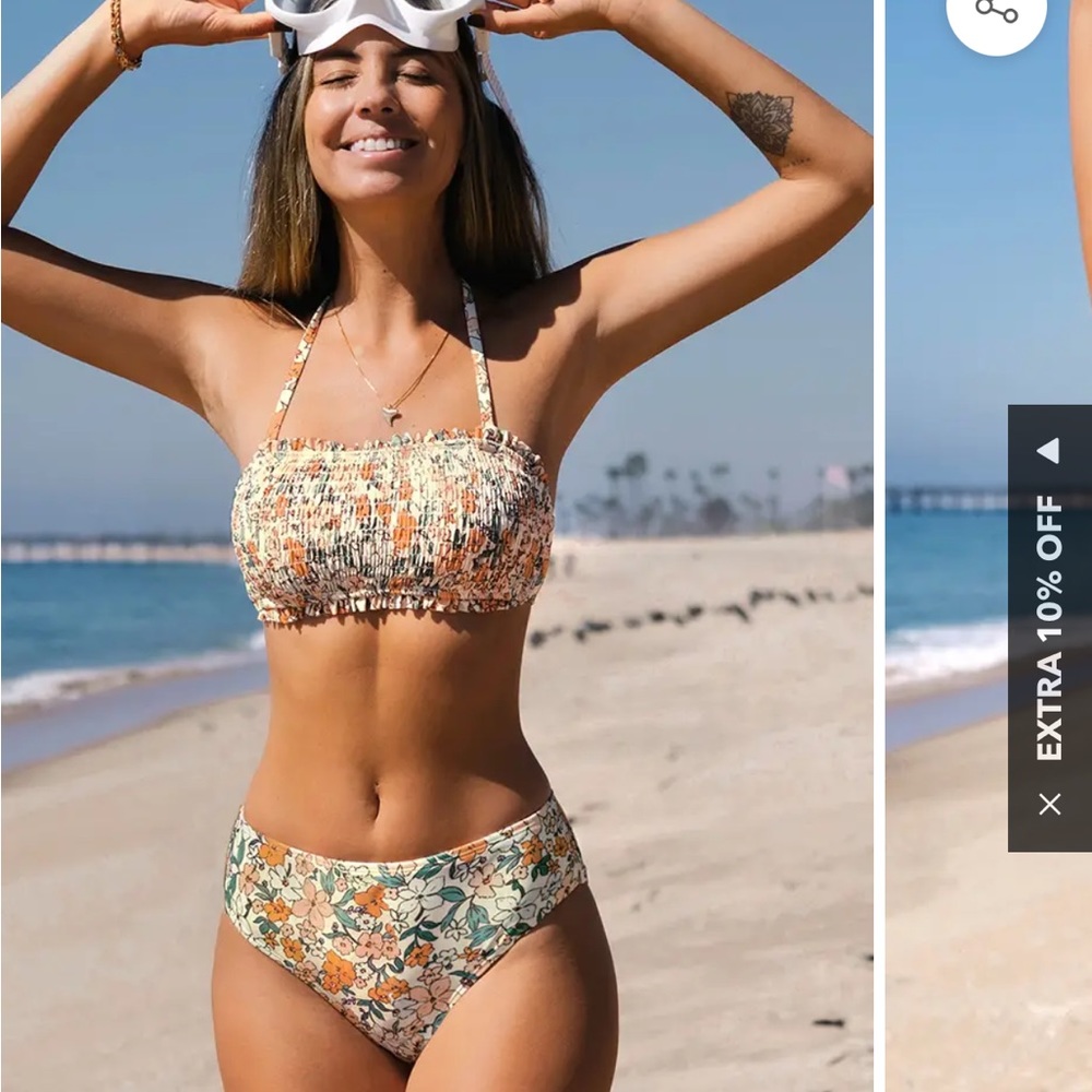 Ditsy Floral Smocked Tie Back Bandeau & Mid Rise Bikini Set